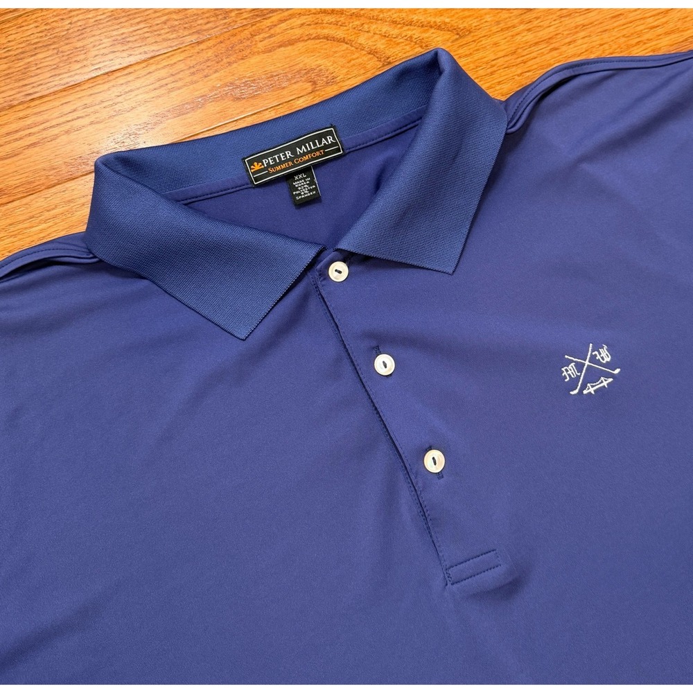 Peter Millar Summer Comfort Golf Polo Shirt Mens 2XL Blue Club Logo Stretch
